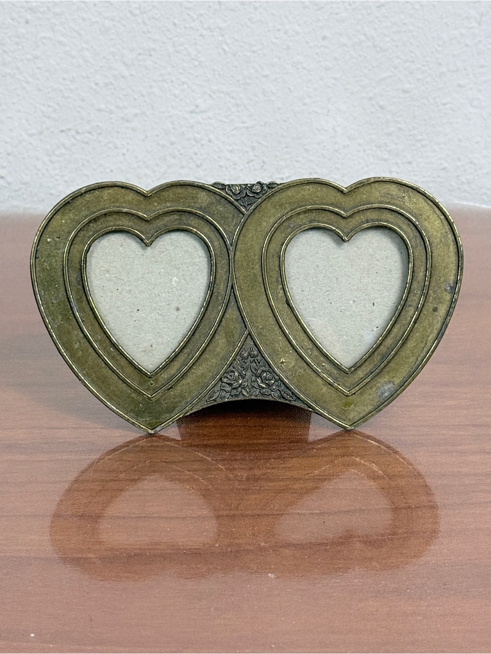 Vintage Brass Double Heart Picture Frame with Floral Accent